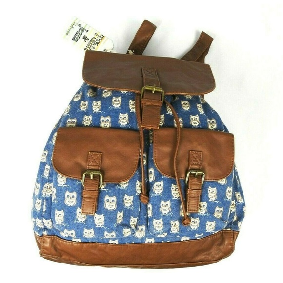 OWL Print Canvas Backpack Faux Leather Trim - Picture 4 of 8